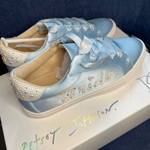 Blue & White Satin Jeweled BRIDE Sneakers. Size 7